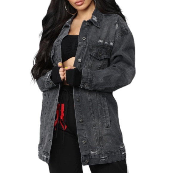 Fashion Nova Jackets & Blazers - Fashion Nova Black Dark Gray Distressed Oversized Denim Jean Jacket SIZE MEDIUM
